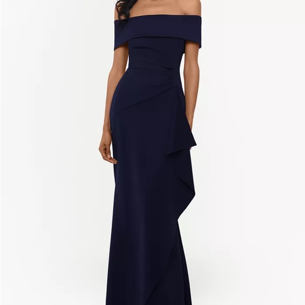 Xscape “Lindsay” Long Scuba Crepe Off the Shoulder Dress (Like-New)
